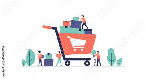 Teamwork makes online shopping dreams work Illustration of people putting boxes into a giant shopping cart, perfect for e-commerce promotion