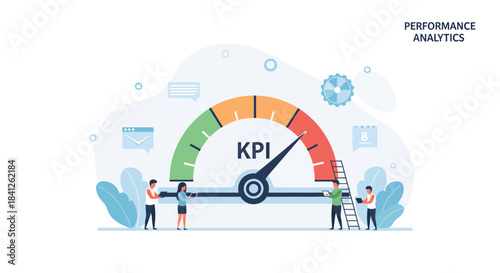 Team analyzing KPI performance metrics dashboard illustration for business growth strategy and project management success in modern workplace analytics