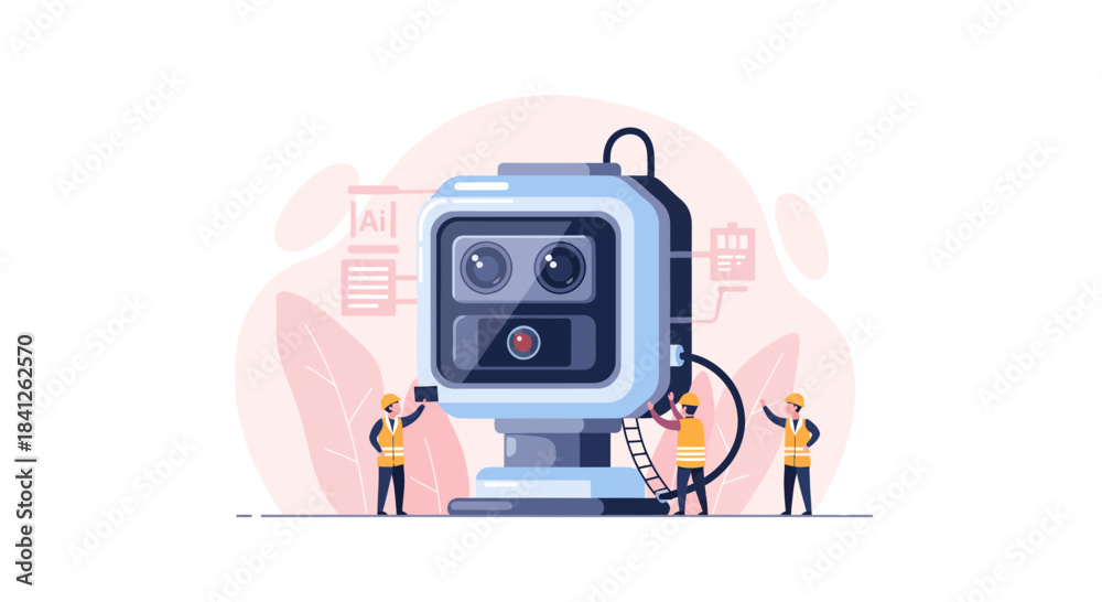 Fototapeta premium Engineers building AI camera with advanced technology for surveillance and automation, pushing boundaries of innovation and progress with safety measures