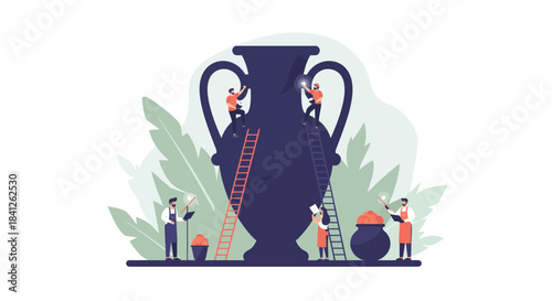 Teamwork restoring ancient pottery art, collaboration bringing history back to life, people working together on cultural heritage conservation project