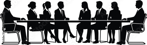 Silhouette of business professionals seated at conference table discussing ideas, teamwork collaboration, corporate strategy meeting, leadership communication illustration

(Exactly 18 words.)
