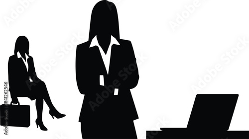 Silhouette of businesswoman standing confidently with folded arms beside seated professional woman and laptop representing office career concept illustration