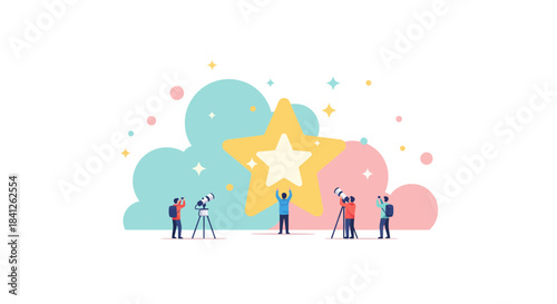 Inspiring team reaches for the stars, aiming for success, growth mindset and innovative vision with telescopes, celebrating achievement and teamwork