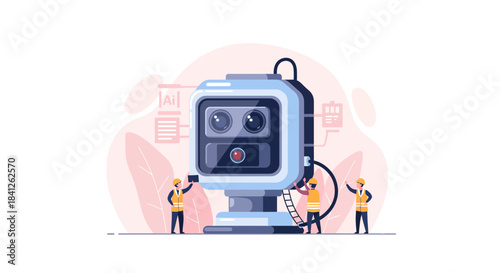 Engineers building AI camera with advanced technology for surveillance and automation, pushing boundaries of innovation and progress with safety measures