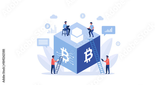 Bitcoin blockchain technology team collaborating on cryptocurrency finance in a modern, digital economy world, promoting financial innovation and success