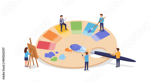 Creative team working on a vibrant art project with oversized palette and brushes, fostering collaboration and innovation in a playful environment
