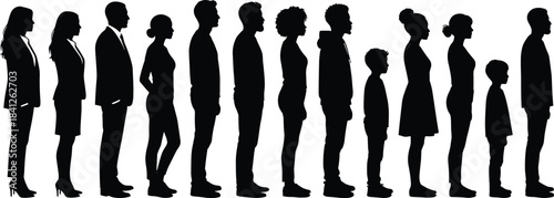Silhouettes of diverse people including adults and children standing in line representing community, society, population variation, demographic diversity illustration