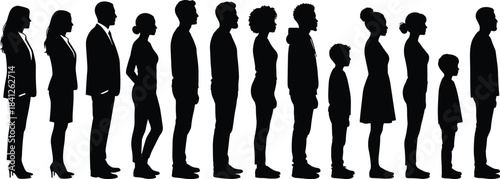 Silhouettes of diverse people standing in line including adults and children representing community, society, population variation, human demographics illustration