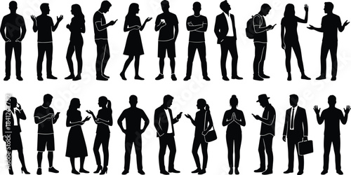 Silhouettes of diverse people standing, talking, gesturing, walking, and using mobile devices representing modern lifestyle, communication, community interaction illustration