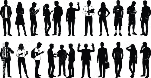 Silhouettes of diverse people standing, talking, using devices, gesturing, and walking representing modern lifestyle, communication, society, community interaction illustration