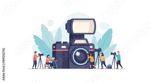 Dynamic team of photographers creating stunning content with modern equipment for a vibrant campaign, perfect for showcasing creative teamwork and innovation