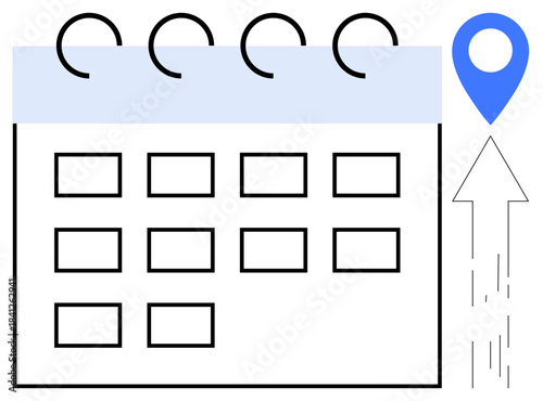 Scheduling, event planning, time management, business organization, personal productivity, progress tracking. A calendar with a location pin and upward arrow. Scheduling and event planning concept