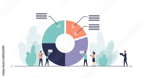 Dynamic teamwork analyzing vibrant data pie chart for strategic business growth and collaborative success in modern digital workspace illustration