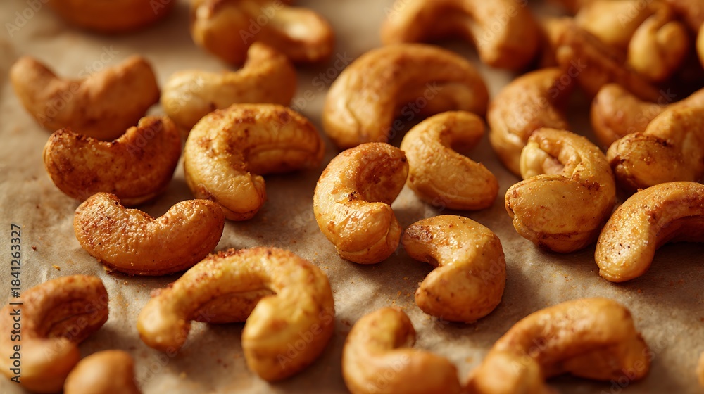 Fototapeta premium Elegant photo of A close-up shot of roasted cashew nuts scattered on a baking sheet, with a warm, inviting glow and a shallow depth of field.