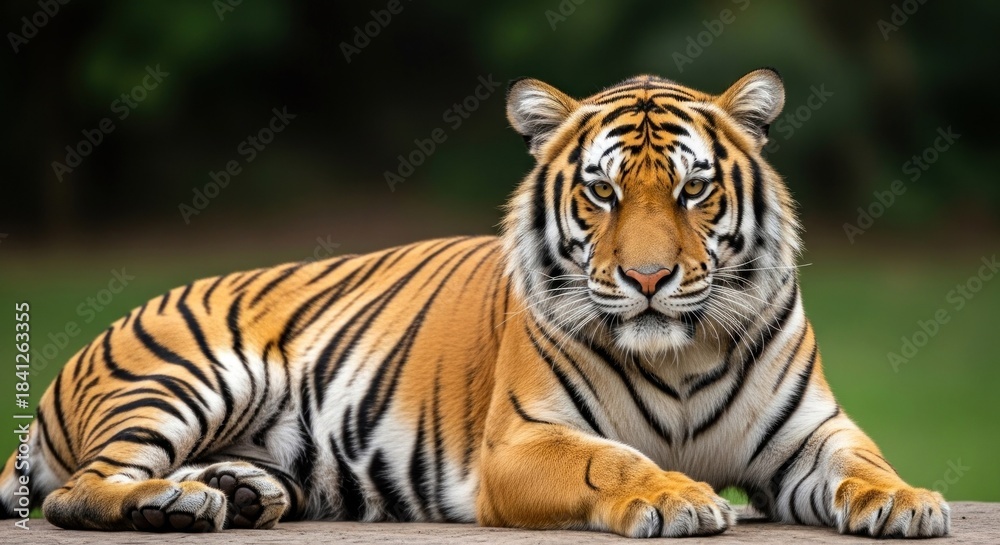Obraz premium A majestic Bengal tiger lying on a wooden platform with a blurred green background.