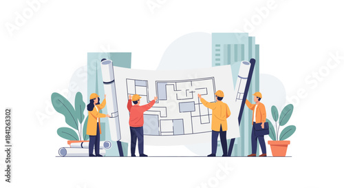 Architectural team collaborating on building blueprint in office, bringing urban dreams to life with modern design and expert planning for a brighter future