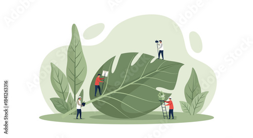 Eco-friendly team working together on a giant leaf, symbolizing sustainable solutions and green innovation for a brighter future, clean energy concept