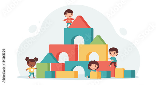 Engaging playtime scene with children building a vibrant block castle, perfect for illustrating early learning, creativity, and joyful childhood experiences