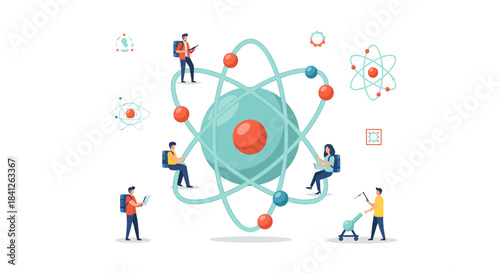 Innovative team exploring atomic structure and science discoveries, perfect for illustrating educational concepts and scientific breakthroughs in engaging ways
