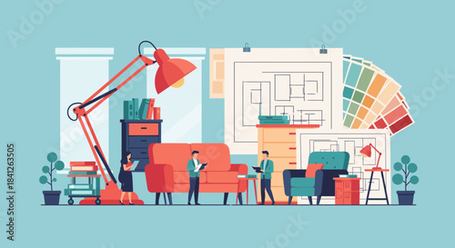 Interior designers collaborating on a modern living room project with color palettes and blueprints, showcasing teamwork and creativity in design process