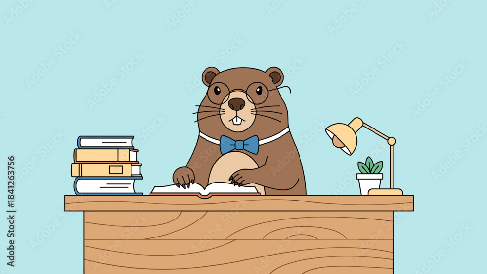 Fototapeta premium Studious groundhog wearing a bow tie reading a book at a desk with a lamp and decorations