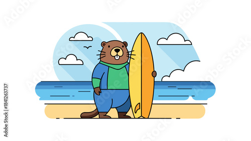 Surfing groundhog holding a surfboard on the beach with ocean waves and clouds