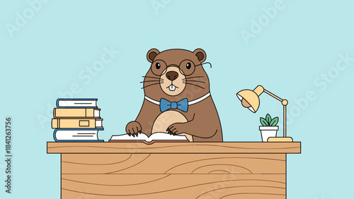 Studious groundhog wearing a bow tie reading a book at a desk with a lamp and decorations