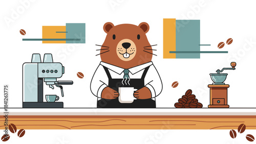 Barista groundhog in an apron preparing coffee at a cafe counter with colorful decorations