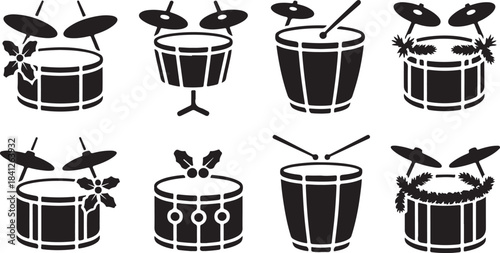 Collection of Black Silhouette Drums Decorated with Festive Christmas Elements percussion instrument