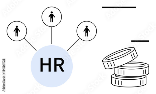 Human resources, team management, employee salary, workforce, payroll, organizational planning. HR in a central circle linked to employees stack of coins. Human resources and payroll concepts