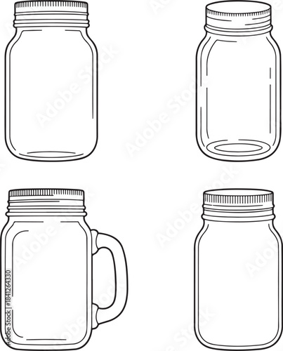 Set of Mason jars Outline vector illustration isolated On Transparent Background