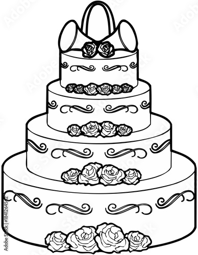Black and white outline drawing of a large tiered wedding cake decorated with elegant roses and ornate scrollwork perfect for coloring activities on transparent background