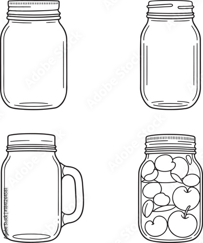 Set of Mason jars Outline vector illustration isolated On Transparent Background