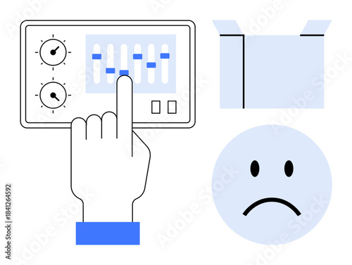 Control panel concept. Hand interacting with a control panel and a sad emoticon, decision-making and emotions. Control panel use in technology, emotions, automation, feedback systems, operations