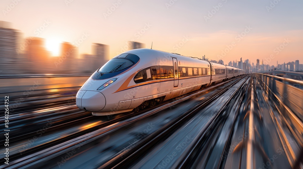 Fototapeta premium Dynamic photo of a fast rail vehicle speeding along a straight corridor with warm sunset light