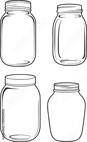 Set of Mason jars Outline vector illustration isolated On Transparent Background