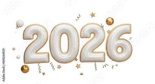 Silver foil balloons forming the year 2026 with confetti sparkles isolated on transparent background