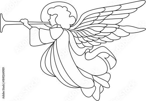 Outline drawing of a heavenly angel with large wings and a halo blowing a long trumpet in a stylized stained glass pattern for crafting on transparent background