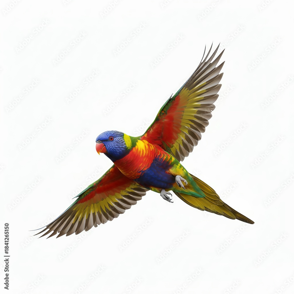 Fototapeta premium Vibrant Rainbow Lorikeet Parrot in Full Flight Isolated on Pure White Background