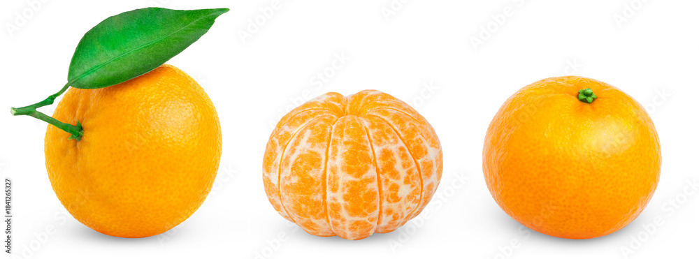 Naklejka premium Set of ripe tangerines, whole, peeled, without peel, isolated on a white background. Mandarin with leaf.
