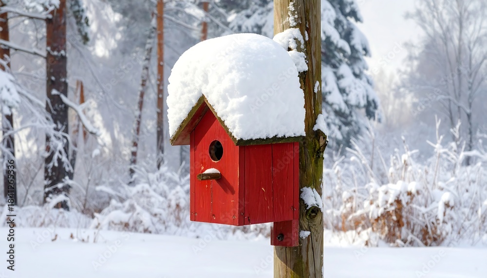 Fototapeta premium Red birdhouse covered in snow, attached to a wooden post, with snowy forest backdrop on a bright winter day