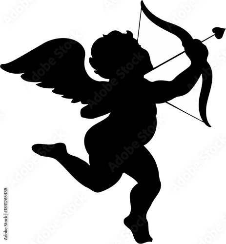 Black silhouette of a winged cherub or cupid figure running while aiming a bow and arrow with a heart shaped tip against a on transparent background
