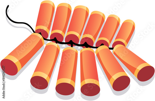 String of bright orange and red firecrackers connected by a black fuse ready for celebration or traditional festival ignition against a on transparent background