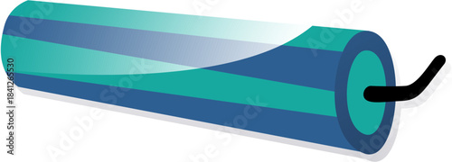 Stylized illustration of a blue and teal striped firecracker or dynamite stick with a visible black fuse ready for ignition against a on transparent background
