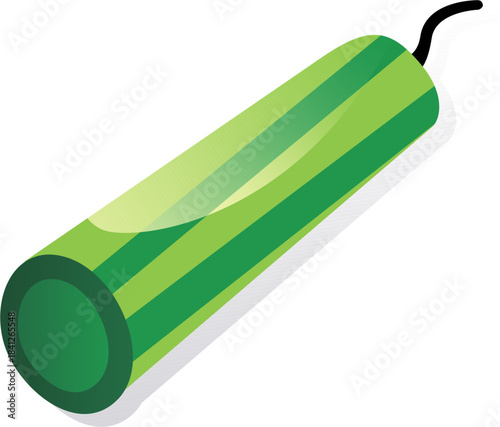 Stylized green striped dynamite stick with a black fuse on a clean representing explosive energy or surprise element in design on transparent background