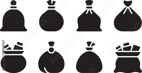 Collection of eight black silhouette icons of money bags and sacks with various contents Keywords: money bag icon, sack icon, bag icon, money sack, treasure bag, gift bag, coin bag, gold bag, money
