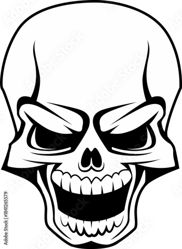 Fierce stylized skull graphic featuring an aggressive wide grin and menacing shadowed eye sockets perfect for tattoo or apparel design projects on transparent background