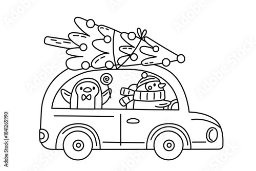 Holiday Black and White Coloring Page – Penguins on Car with Christmas Tree and Presents