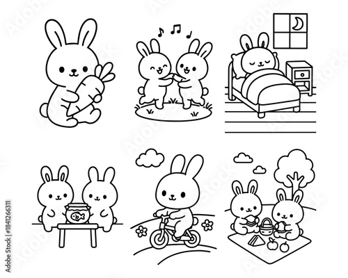 Cute Animal Coloring Pages Set, Cute Bunny Coloring Pages Set Coloring Page Pack. Vector illustration, line art