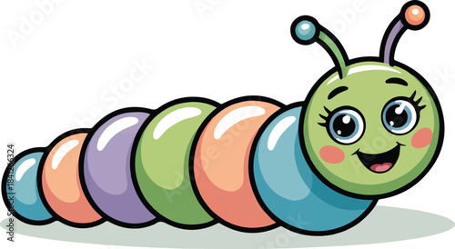 Cute colorful caterpillar with a happy face and many segments vector cartoon illustration on a transparent background